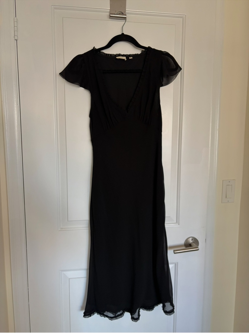 Aritzia Camelot Black V-Neck Midi Dress with Sheer Cap Sleeves - Picture 3 of 5